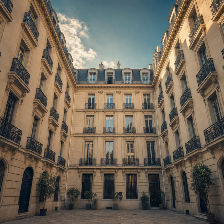 Cour intérieure ensoleillée d'un immeuble parisien élégant.