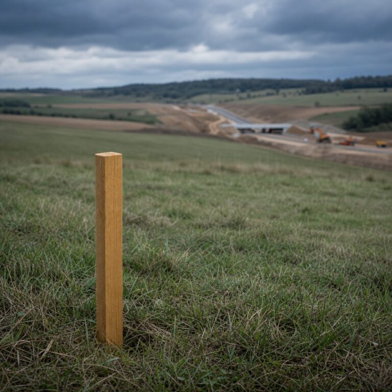 Piquet en bois sur terrain herbeux, chantier en arrière-plan.