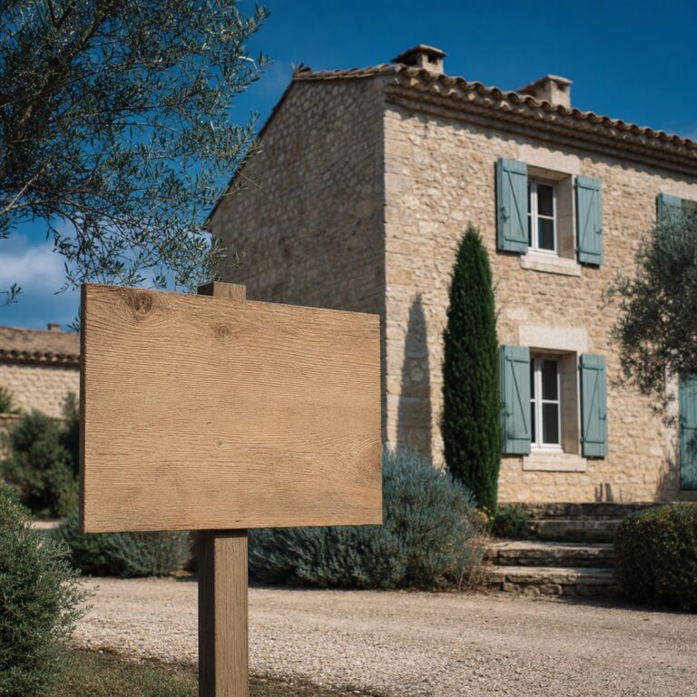 Maison en pierre avec volets bleus et pancarte vide